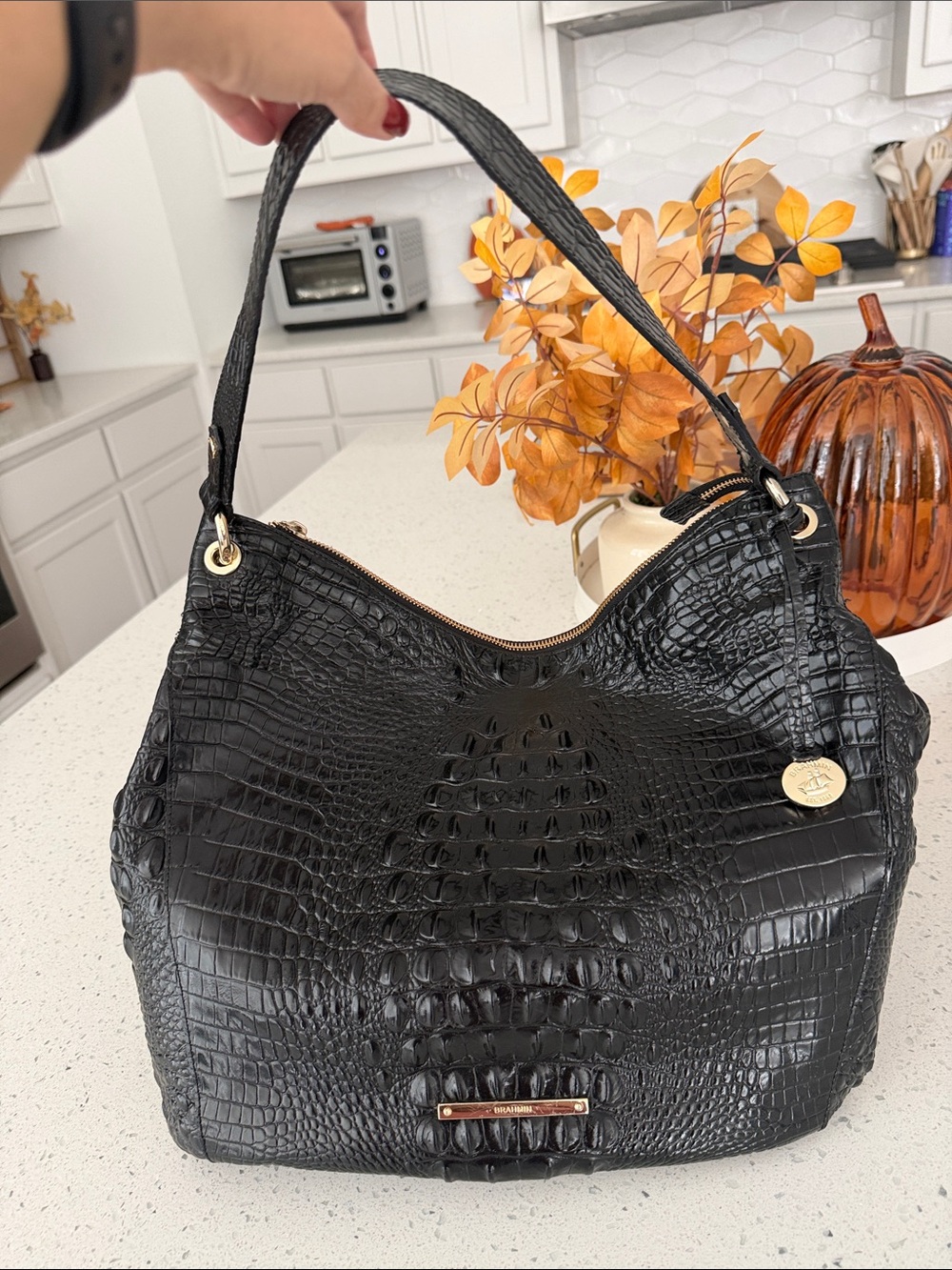 Black Croc-Embossed Shoulder Bag